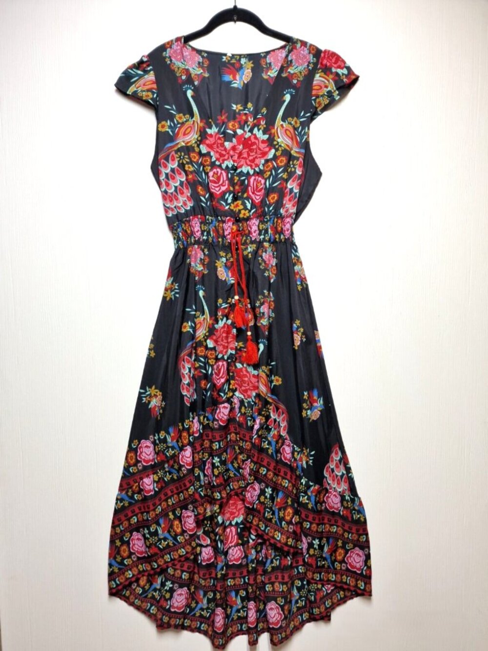 Black Boho Colorful Floral Maxi Dress - Frida Kahlo / Spanish Dancer Costume
